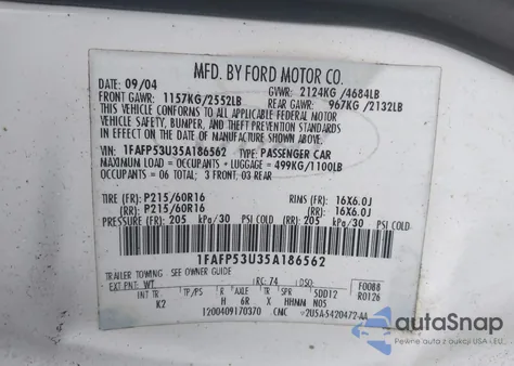 2005 Ford Taurus Se z USA, uszkodzony, nr VIN 1FAFP53U35A186562